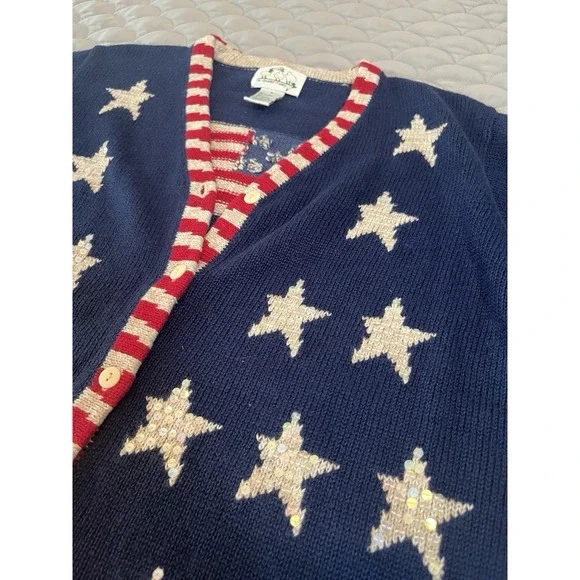 VTG Quacker Factory Blue Sweater American Flag Stars Patriotic Cardigan Sz M - Picture 4 of 7